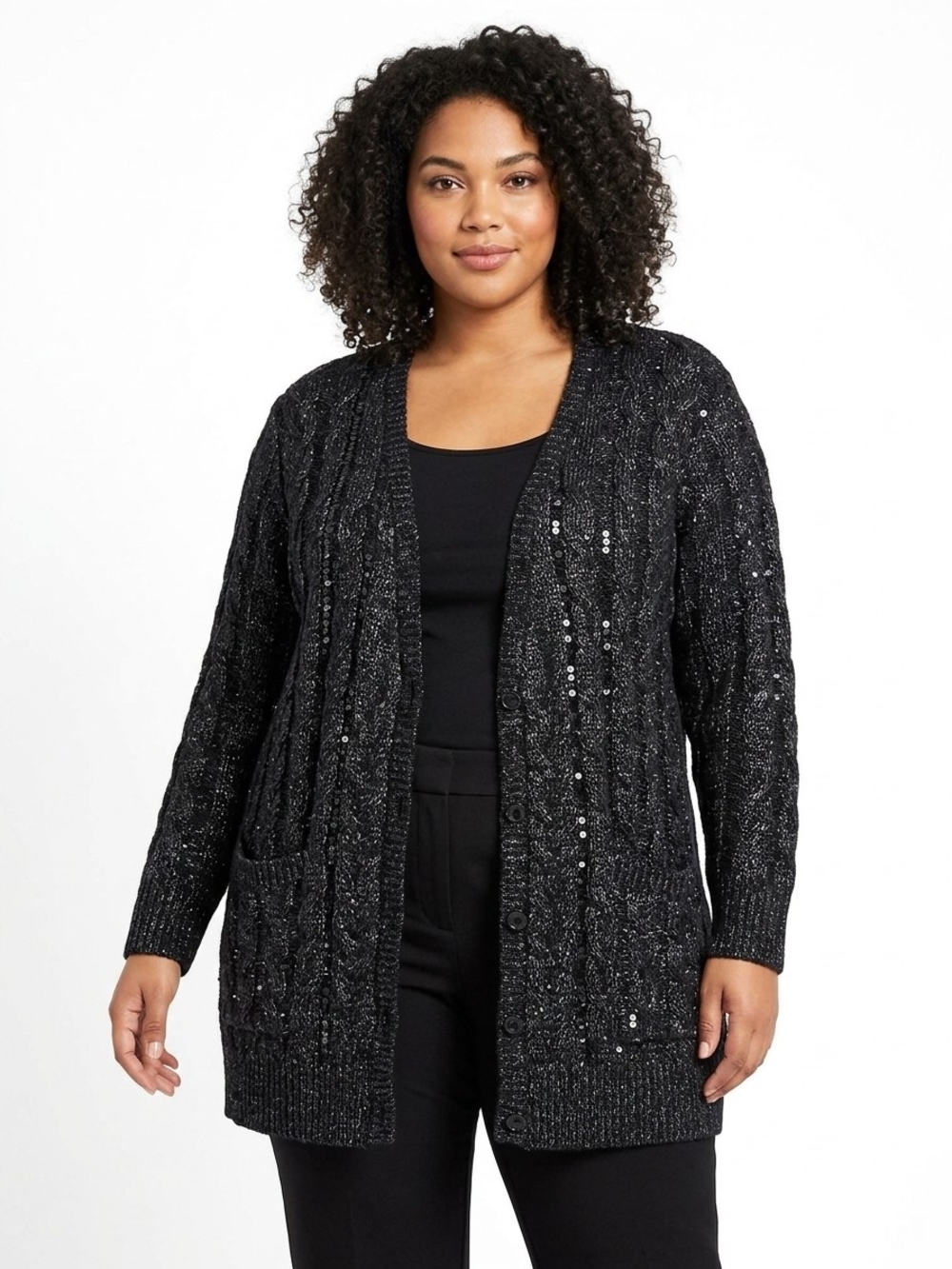 1X Laura Black Sequin Cable-Knit Button Cardigan Sweater Plus Size